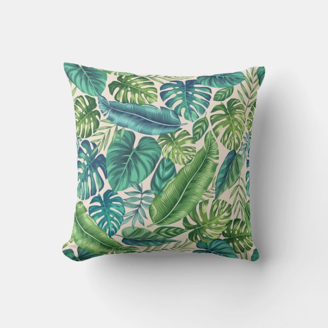 Green & Teal Tropical Palm Banana Monstera Leaves  Throw Pillow (Front)