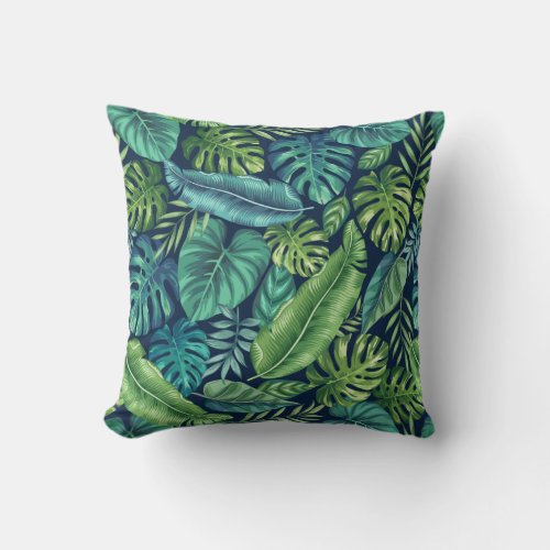 Green  Teal Tropical Palm Banana Monstera Leaves Throw Pillow