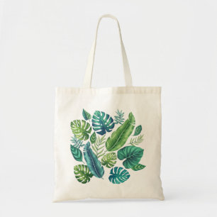 Green & Teal Tropical Palm Banana Monstera Leaves Tote Bag