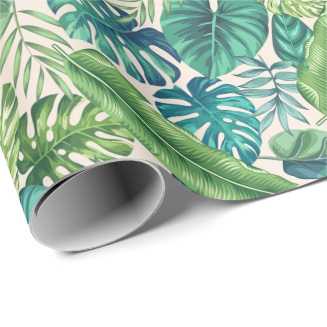 Green & Teal Tropical Palm Banana Monstera Leaves  Wrapping Paper (Roll Corner)