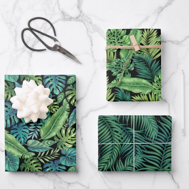 Green & Teal Tropical Palm Banana Monstera Leaves  Wrapping Paper Sheets (Front)