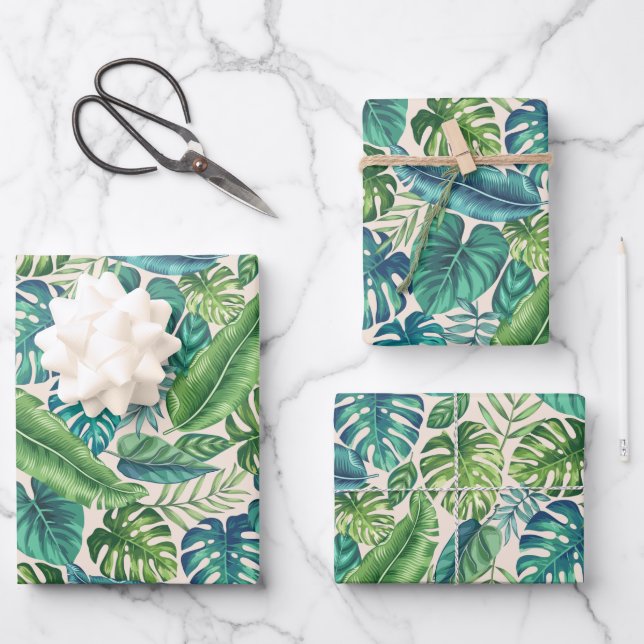 Green & Teal Tropical Palm Banana Monstera Leaves  Wrapping Paper Sheets (Front)