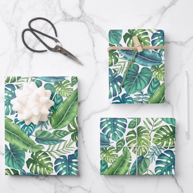 Green & Teal Tropical Palm Banana Monstera Leaves Wrapping Paper Sheets (Front)