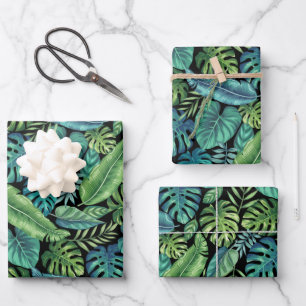 Green & Teal Tropical Palm Banana Monstera Leaves Wrapping Paper Sheets