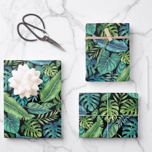 Green & Teal Tropical Palm Banana Monstera Leaves Wrapping Paper Sheets (Front)
