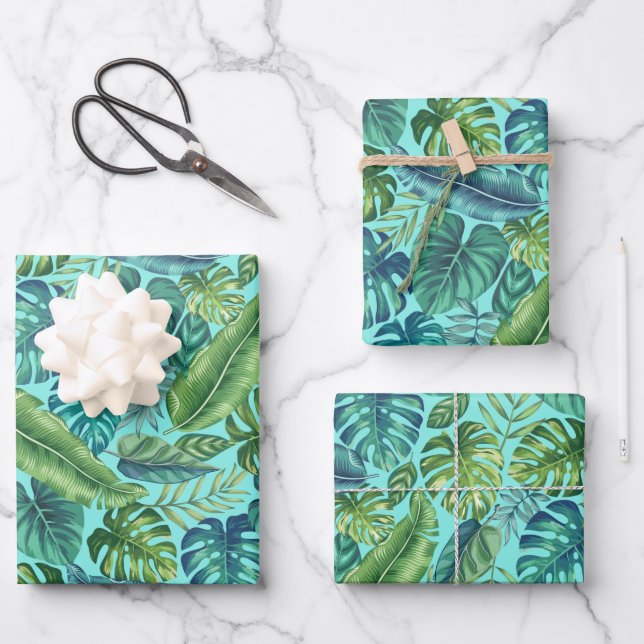 Green & Teal Tropical Palm Banana Monstera Leaves Wrapping Paper Sheets (Front)