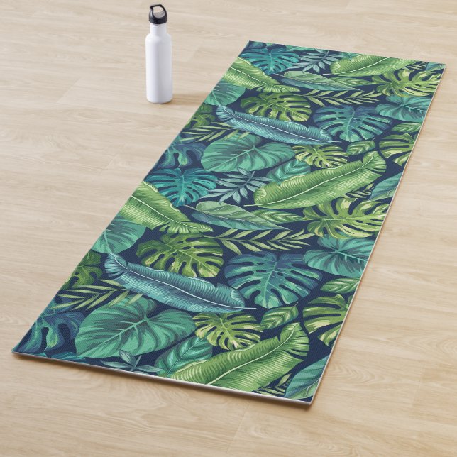 Green & Teal Tropical Palm Banana Monstera Leaves Yoga Mat (In Situ)