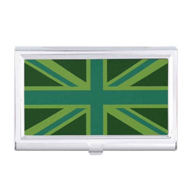 Green Teal Union Jack Flag Style Background Business Card Holder (Front)