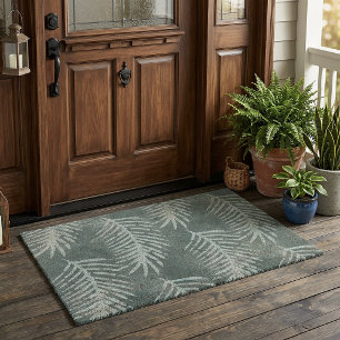 Green Teal Watercolor Tropical Leaf Fiber Doormat