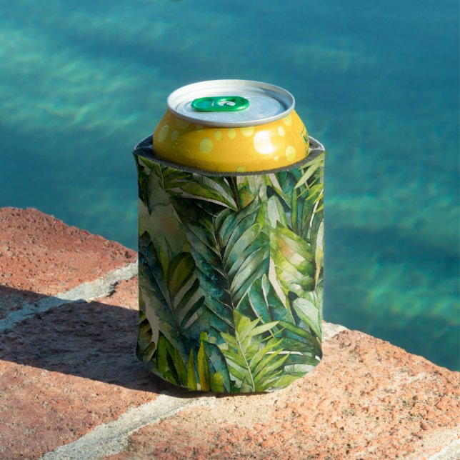 Green & Teal Watercolor Tropical Palm Leaves Can Cooler (In Situ Pool)