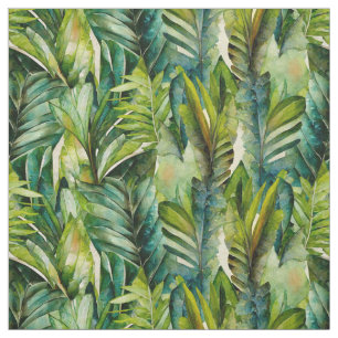 Green & Teal Watercolor Tropical Palm Leaves Fabric