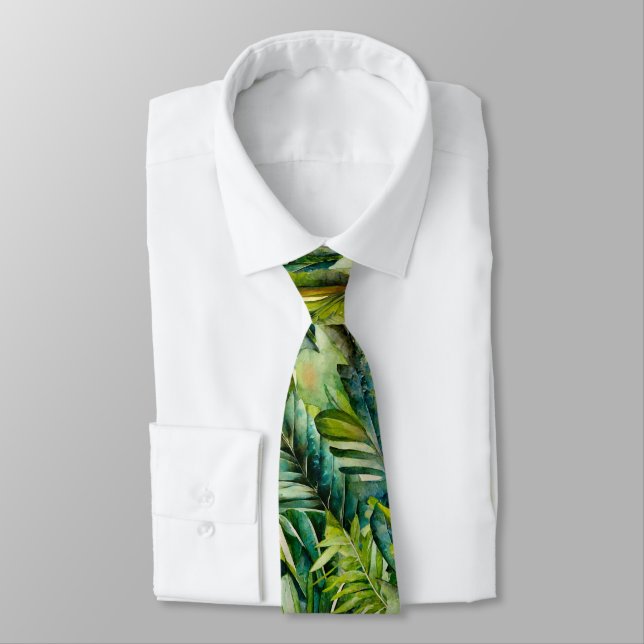 Green & Teal Watercolor Tropical Palm Leaves Neck Tie (Tied)