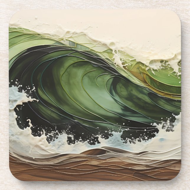 Green Teal Wave Beach Ocean Painting Beverage Coaster (Front)