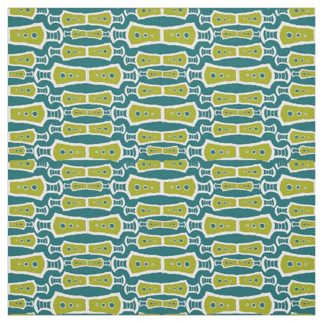 Green Teal White Abstract Tribal Design Fabric (Swatch)