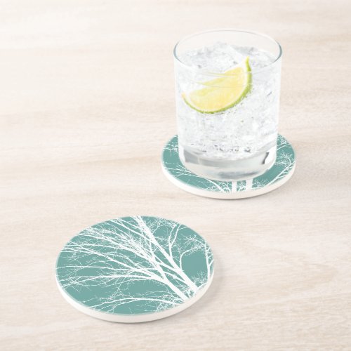 Green Teal White Bare Tree Branches Coaster