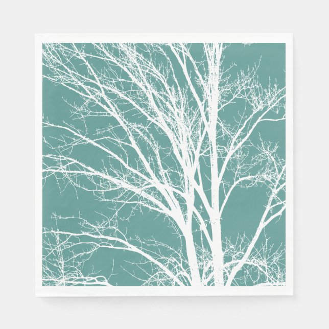 Green Teal White Bare Tree Branches Napkins (Front)