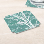 Green Teal White Bare Tree Branches Paper Coaster