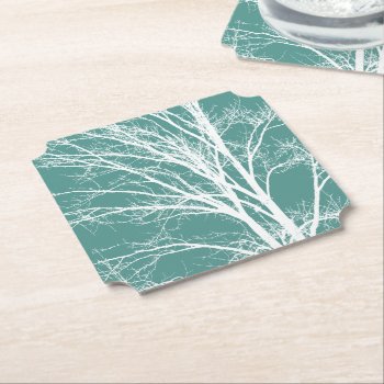 Green Teal White Bare Tree Branches Paper Coaster by peacefuldreams at Zazzle