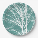 Green Teal White Bare Tree Branches Paper Plates