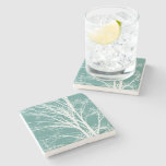 Green Teal White Bare Tree Branches Stone Coaster