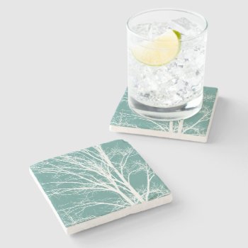 Green Teal White Bare Tree Branches Stone Coaster by peacefuldreams at Zazzle