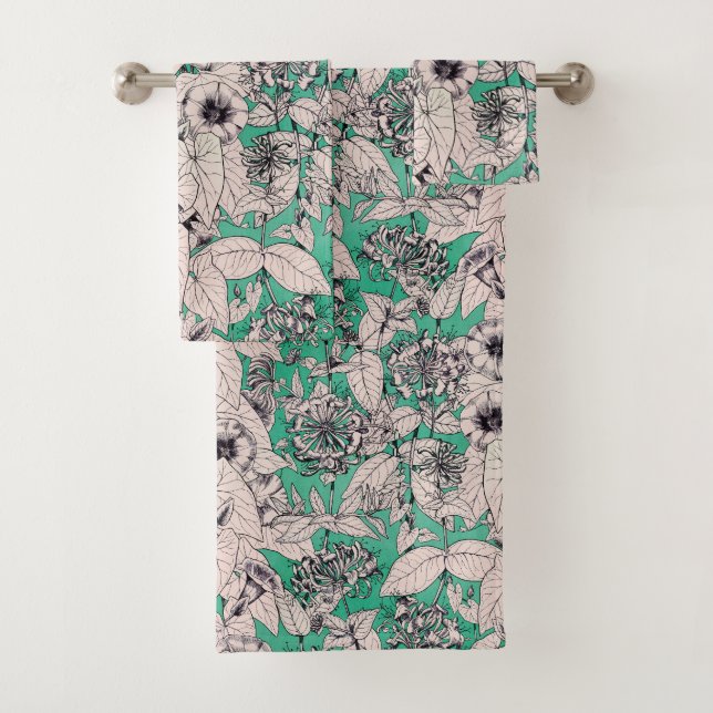 Green Teal White Graphic Flowers Pattern Bath Towel Set (Insitu)