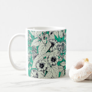 Green Teal White Graphic Flowers Pattern Coffee Mug