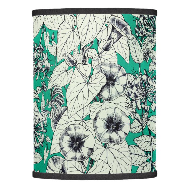 Green Teal White Graphic Flowers Pattern Lamp Shade (Front)