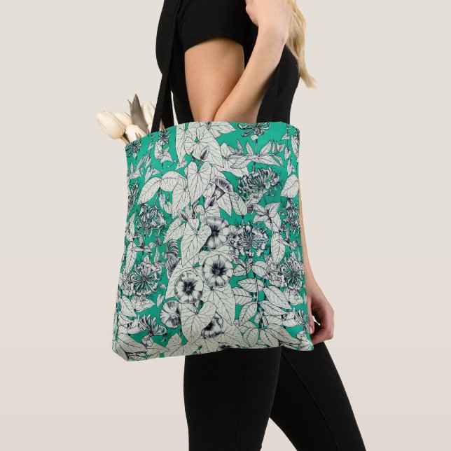 Green Teal White Graphic Flowers Pattern Tote Bag (Close Up)