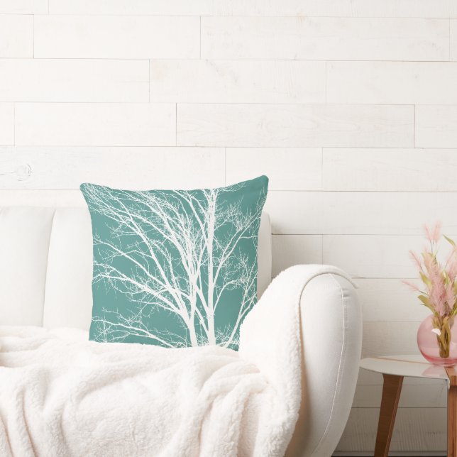 Green Teal White Tree Branches Throw Pillow (Couch)