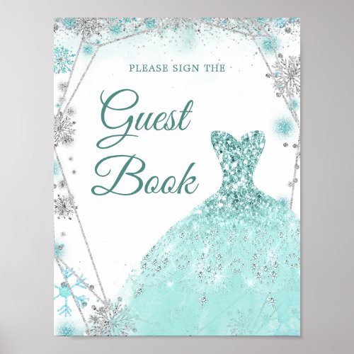 Green Teal Winter Snowflake 15 Aos Guest Book