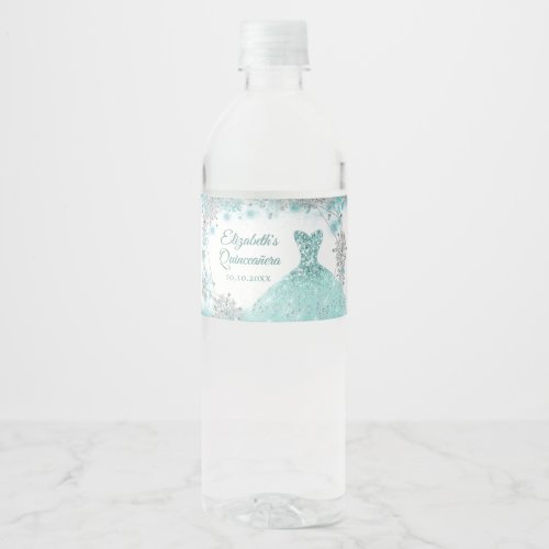 Green teal Winter Snowflake Quinceaera Water Bottle Label