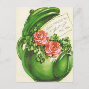 Green Teapot Rose Shamrock St Patrick's Day Postcard