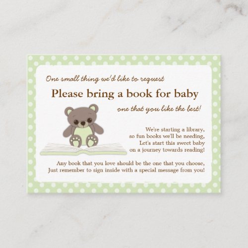Green Teddy Baby Shower Book Insert Request Card