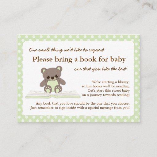 Customizable Green Teddy Baby Shower Book Insert Request Card Business Card Templates
