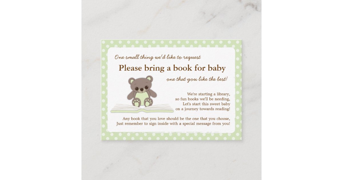 Green Teddy Baby Shower Book Insert Request Card Zazzle