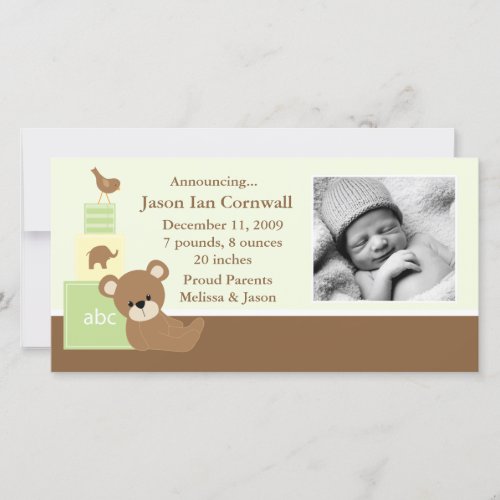 Green Teddy Bear Baby Photo Birth Announcement