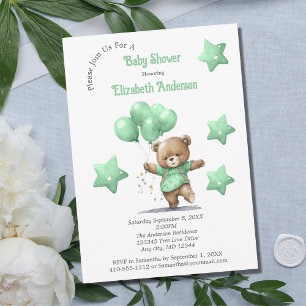 Green Teddy Bear Balloons Stars Boy Baby Shower Invitation