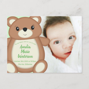 Green Teddy Bear Birth Announcement Postcard