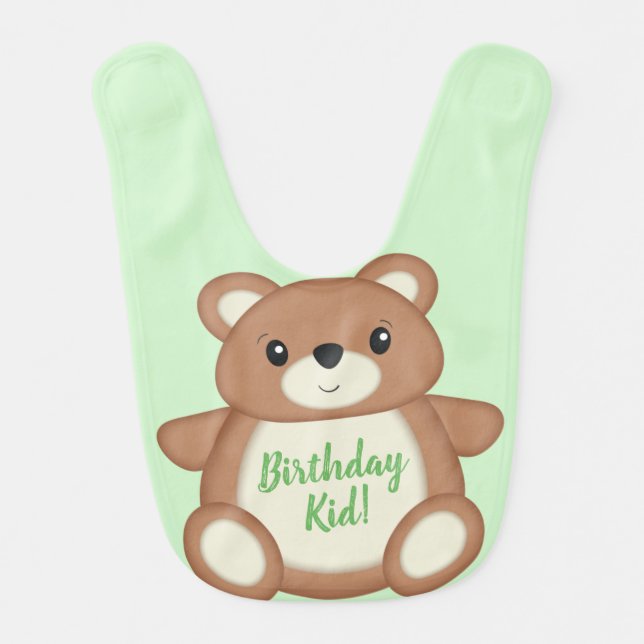Green Teddy Bear Birthday Party Baby Bib (Front)