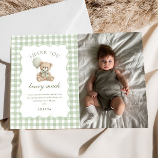 Green Teddy Bear Birthday Photo Thank You Card