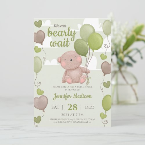 Green Teddy Bear Boy Baby Shower Invitation