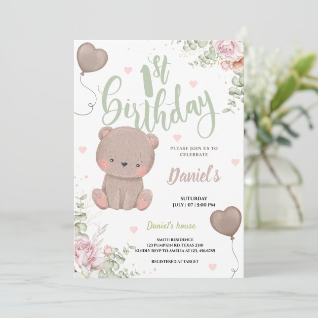 Green Teddy Bear First Birthday Invitation Card (Standing Front)