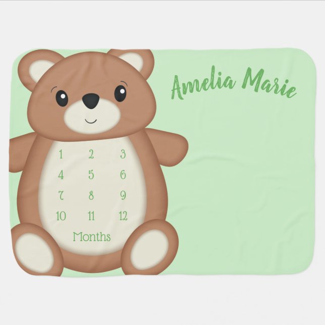 Green Teddy Bear Milestone Baby Blanket (Horizontal)