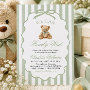 Green Teddy Bear We Can Bearly Wait Baby Shower Invitation