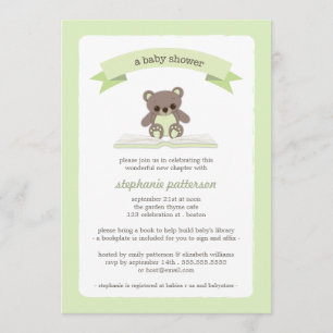 Green Teddy Bring a Book Baby Shower Invitation