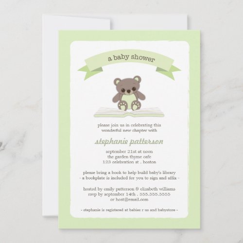 Green Teddy Bring a Book Baby Shower Invitation