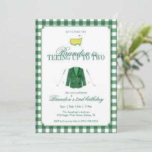 Green Teeing Up To Two Golf 2nd Birthday Gingham Invitation