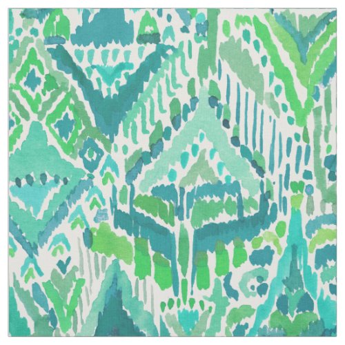 Green TEMPLE TRIBAL Boho Chic Ikat Watercolor Fabric