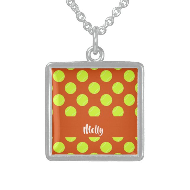 Green tennis ball orange pattern sterling silver necklace (Front)